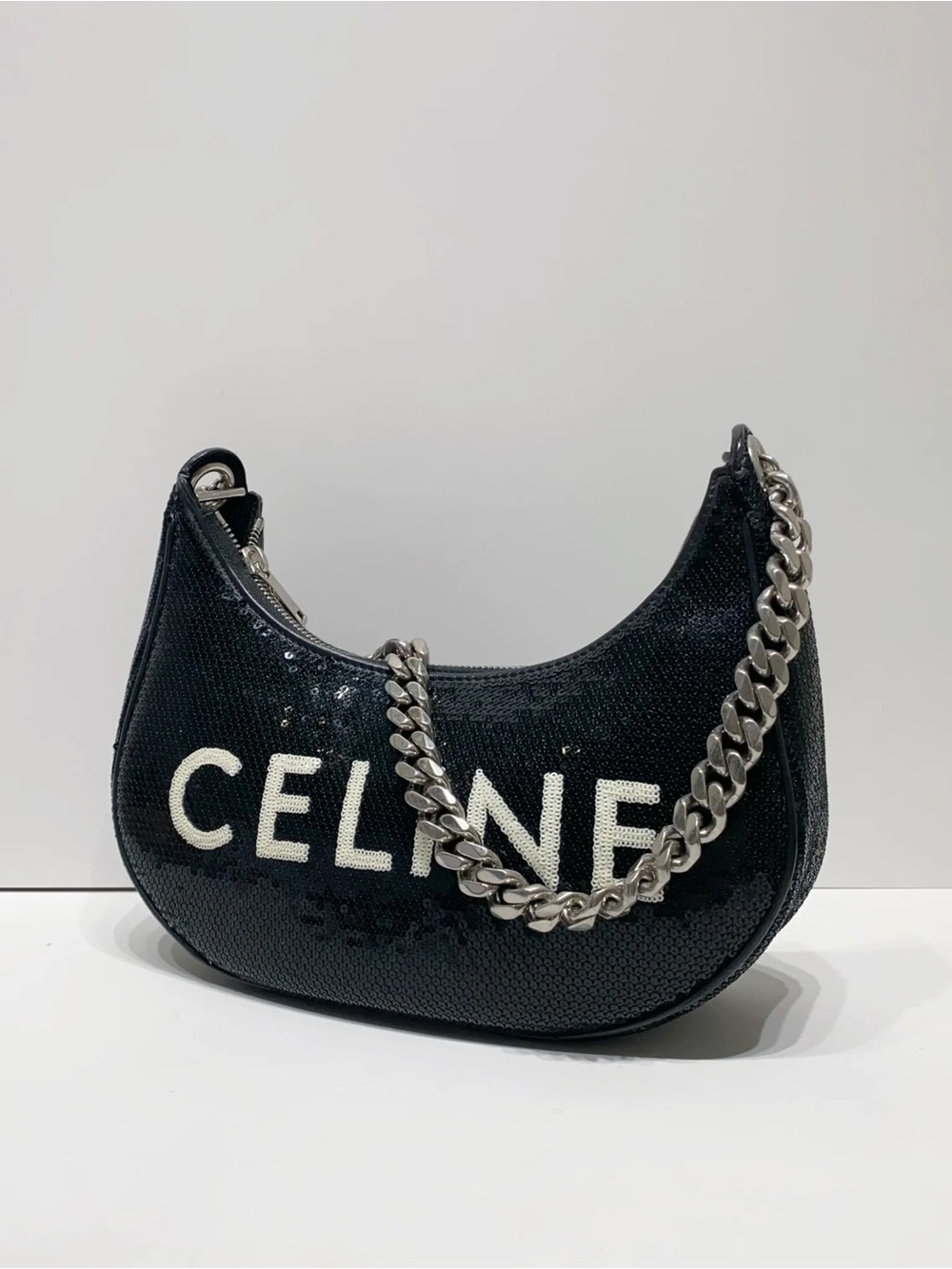 CELINE Medium Ava Black Sequin Crescent Shoulder Bag with Chain